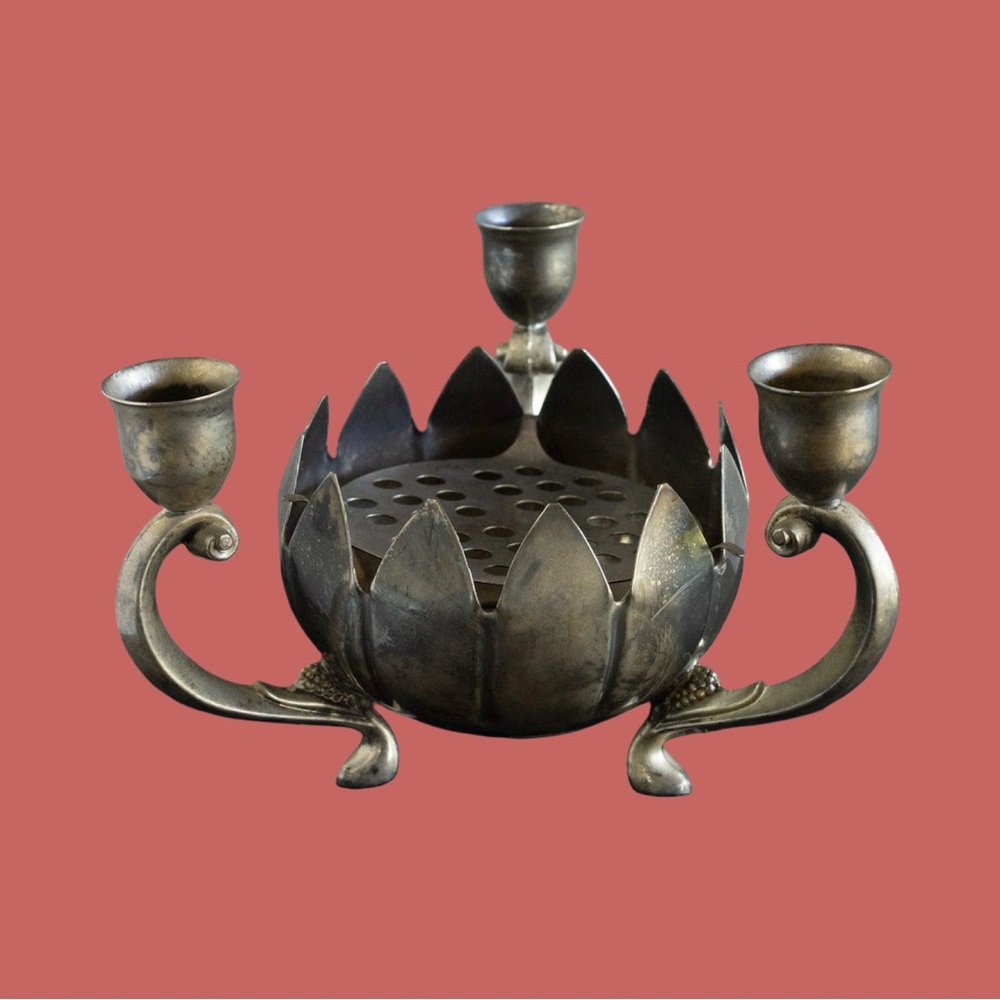 Vintage Leonard Lotus Centerpiece Triple Candle Holder